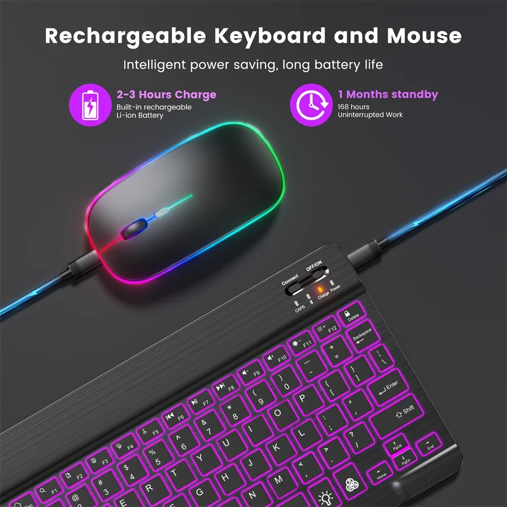 Wireless Bluetooth Keyboard and Mouse Set with 7-Color Backlight – Multi-language, Portable, Rechargeable Keyboard
