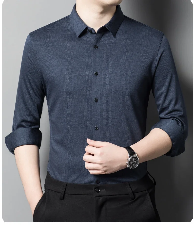Seamless Wool Men's Dress Shirts Luxury Solid Color Long Sleeve Business Casual Single Breasted Male Shirts Plus Size 4XL