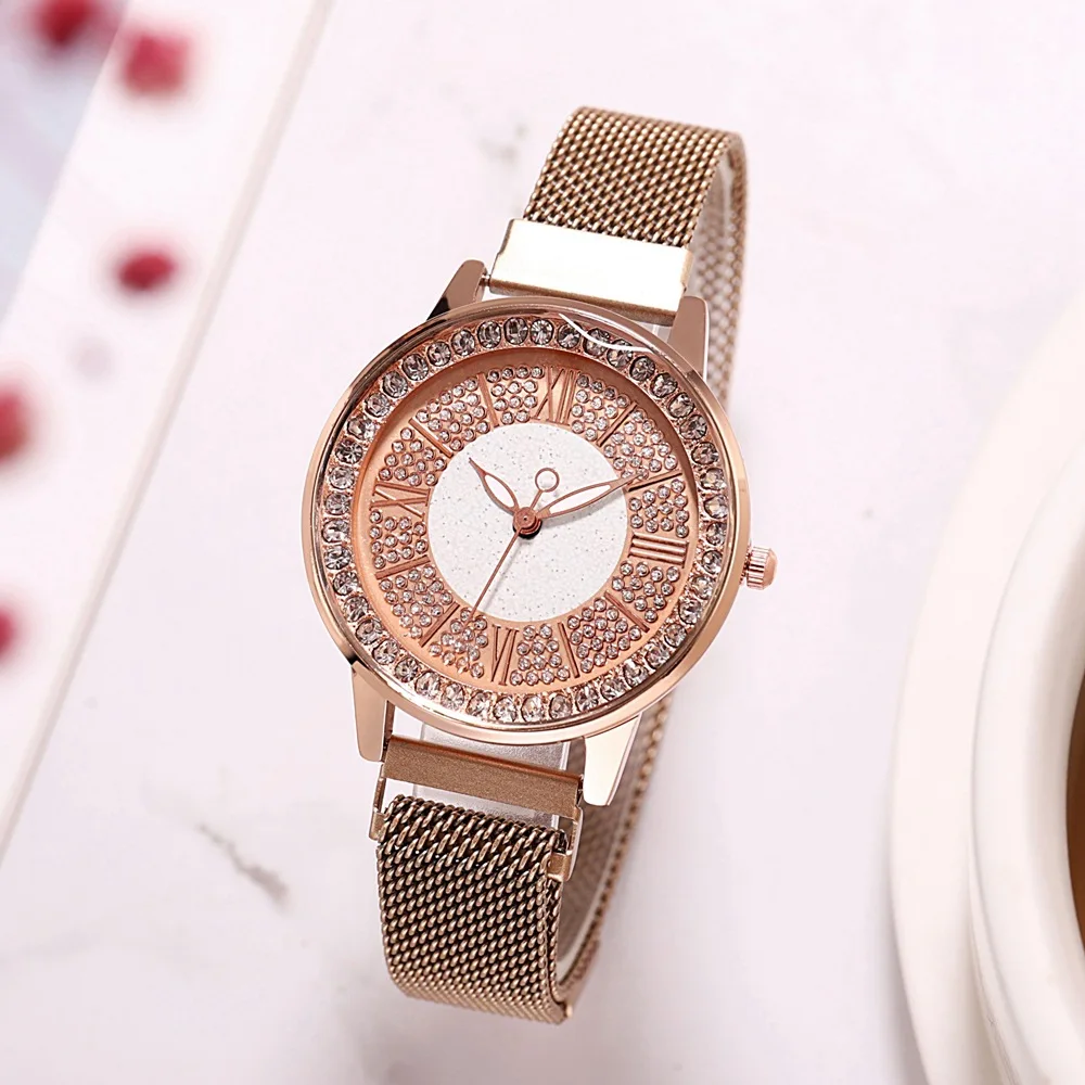 

2022 spring new diamond-studded iron-absorbing stone mesh strap watch female Roman scale Milan strap alloy watch