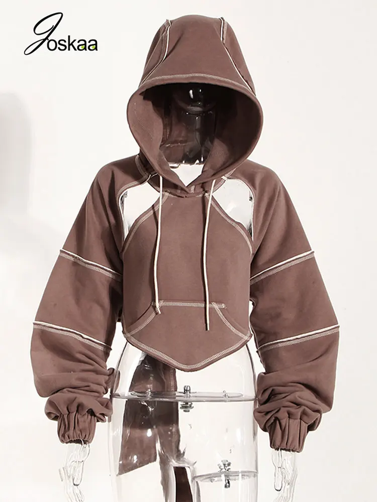 Joskaa Patchwork Irregular Cut Out Hoodies Women Sexy Long