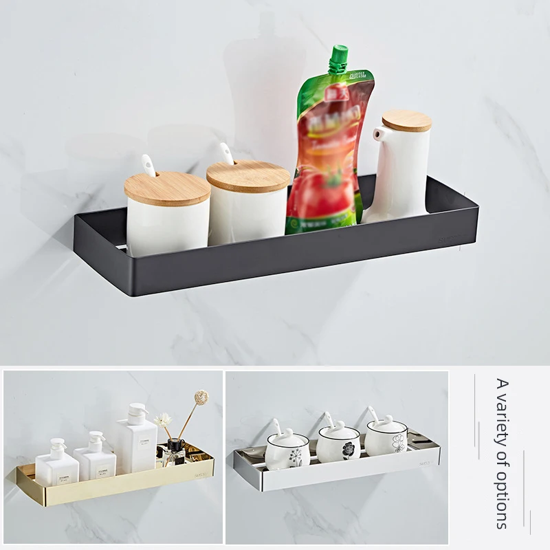 

Stainless Steel Shelf Wall Mounted Shampoo Shower Gel Storage Shelf Kitchen Seasoning Holder Black Color Bathroom Accessories