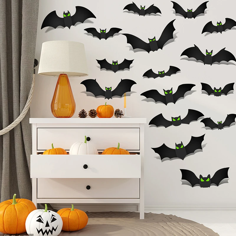 96pcs Bat Stickers 3D Halloween Bat Decorations Glow Eyes Bats 96 Pieces Scary Bats Wall Decoration For Bathroom Kitchen Home