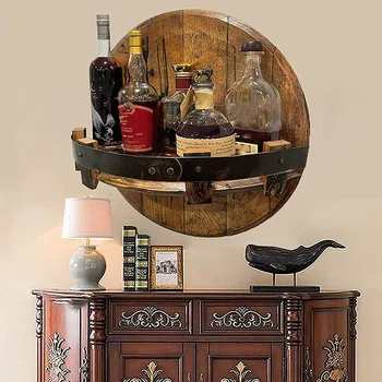 [CLOS] Espositore per bottiglie di liquore realizzato a mano, scaffale per barili di whisky montato a parete, espositore per whisky con portabottiglie rotondo vintage
