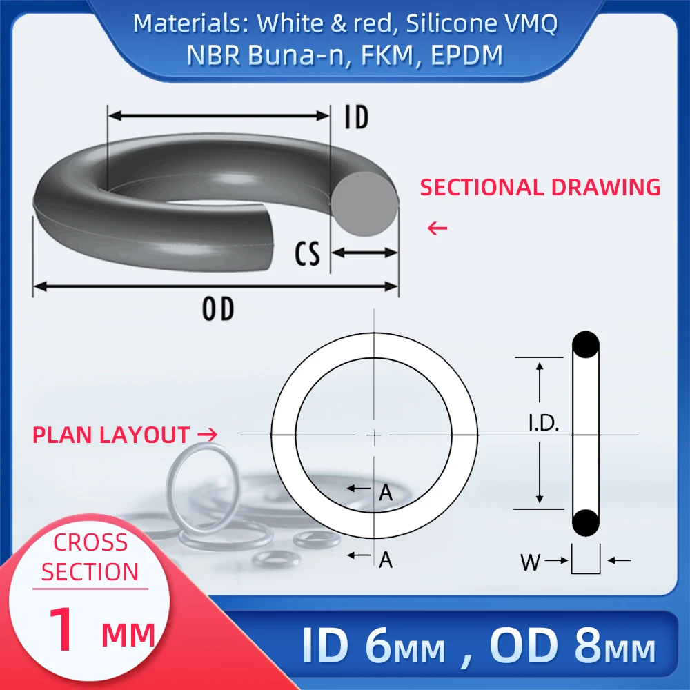 O 링 CS 1mm ID 6mm OD 8mm 재질, 실리콘 VMQ NBR FKM EPDM ORing 씰 개스킷 포함