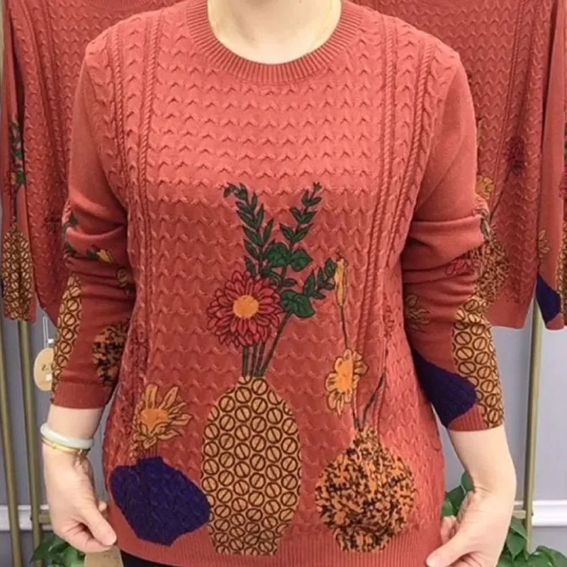 

Женская трикотажная футболка с круглым вырезом, длинным рукавом и принтом