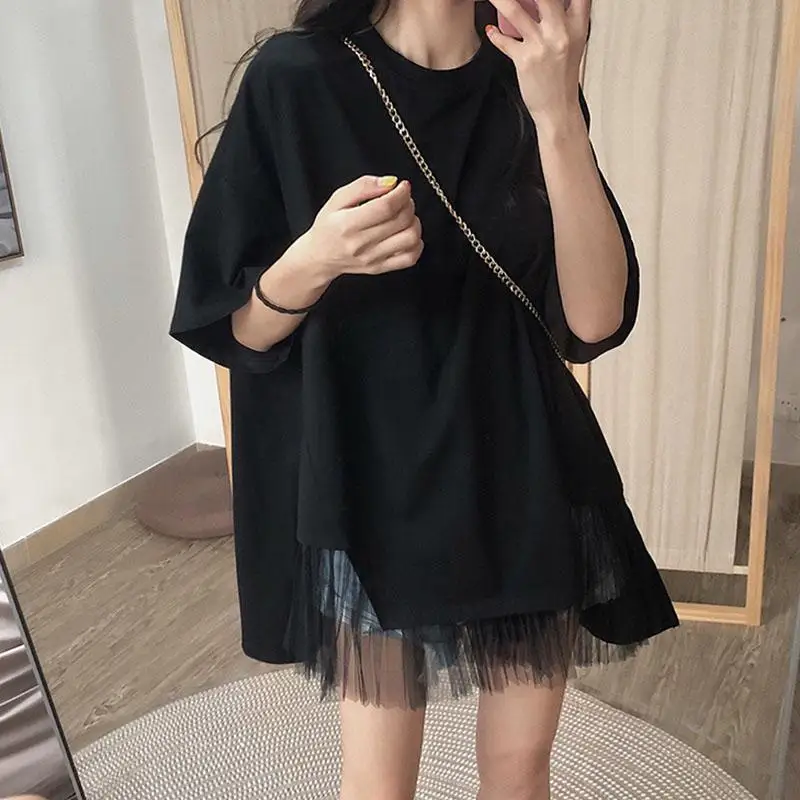 

Summer New Net Yarn Patchwork Oversized T-shirt Short Sleeve O-Neck Irregular Tops Tees Trend Casual Fashion Women Clothing