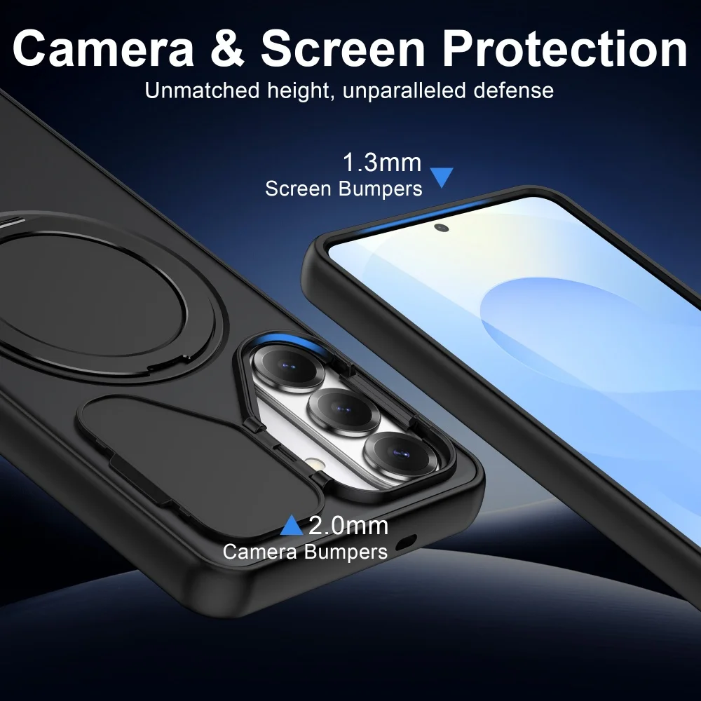 Magnetic Ring Holder Stand Case with Matte Finish and Foldable Lens Cover