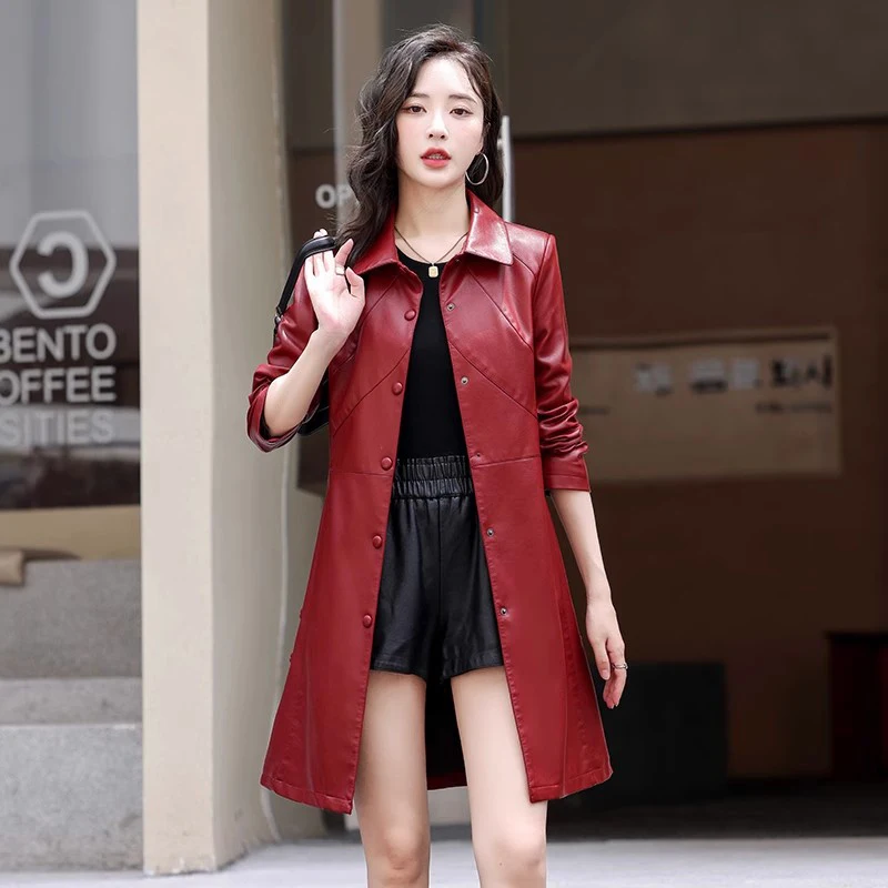 New Women Leather Coat Spring Autumn Fashion Turn-down Collar Single Breasted Slim Trench Coat Split Leather Casual Outerwear 2021 new trench coat for women streetwear casual spring turn down collar double breasted autumn long coat black female clothes