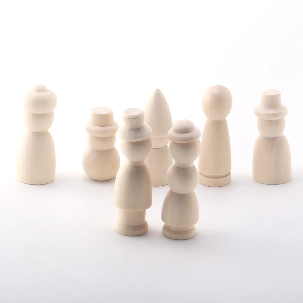 7pcs 자연 색상 미완성 된 나무 말뚝 인형 Diy 수제 재료 멀티 모양의 예술 페인트 홈 파티 장식 액세서리
