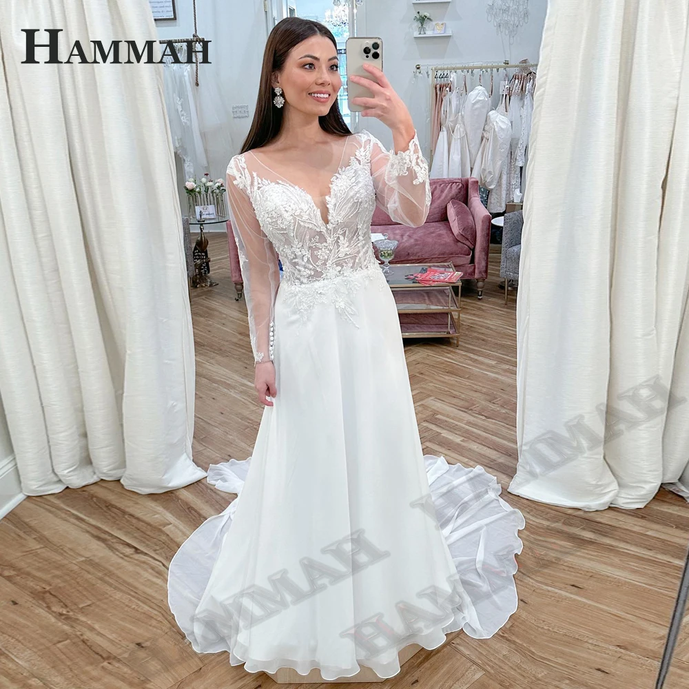 

HAMMAH Classic Appliques Wedding Gown Long Lantern Sleeves V Neck A Line Chiffon Court Train Bridal Robe De Soirée De Mariage