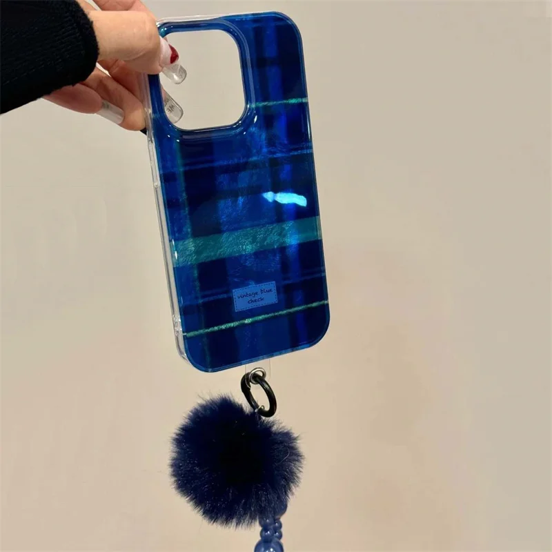 Whirlpool Klein Blue Grid Phone Case with Plush Ball Chain Accessory