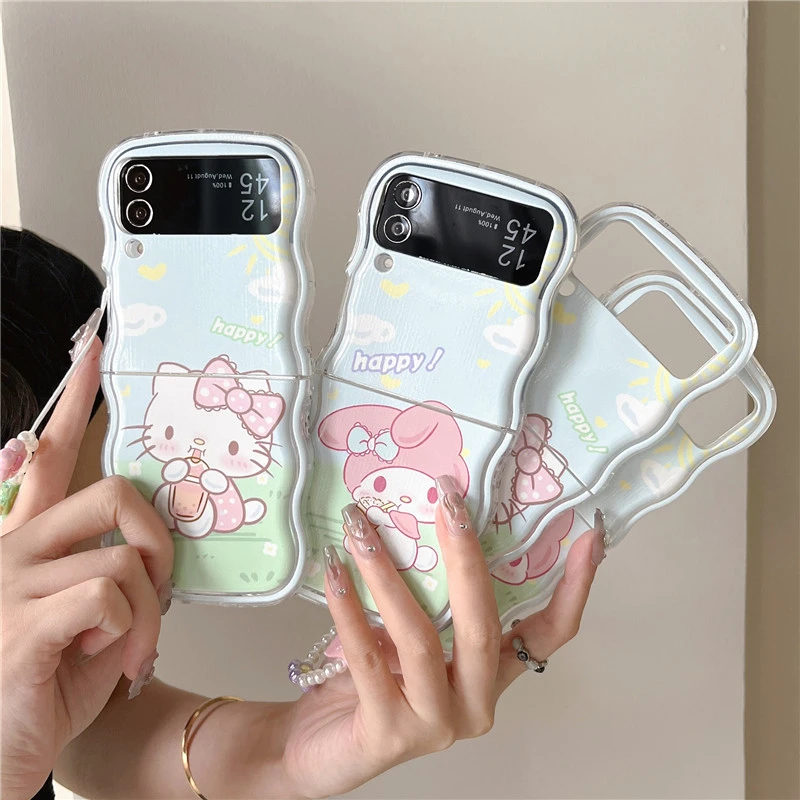 

Anime Cute Happy Hellokitty Kuromi For Samsung Galaxy Z Flip 3 4 5 Cover Wavy Phone Case
