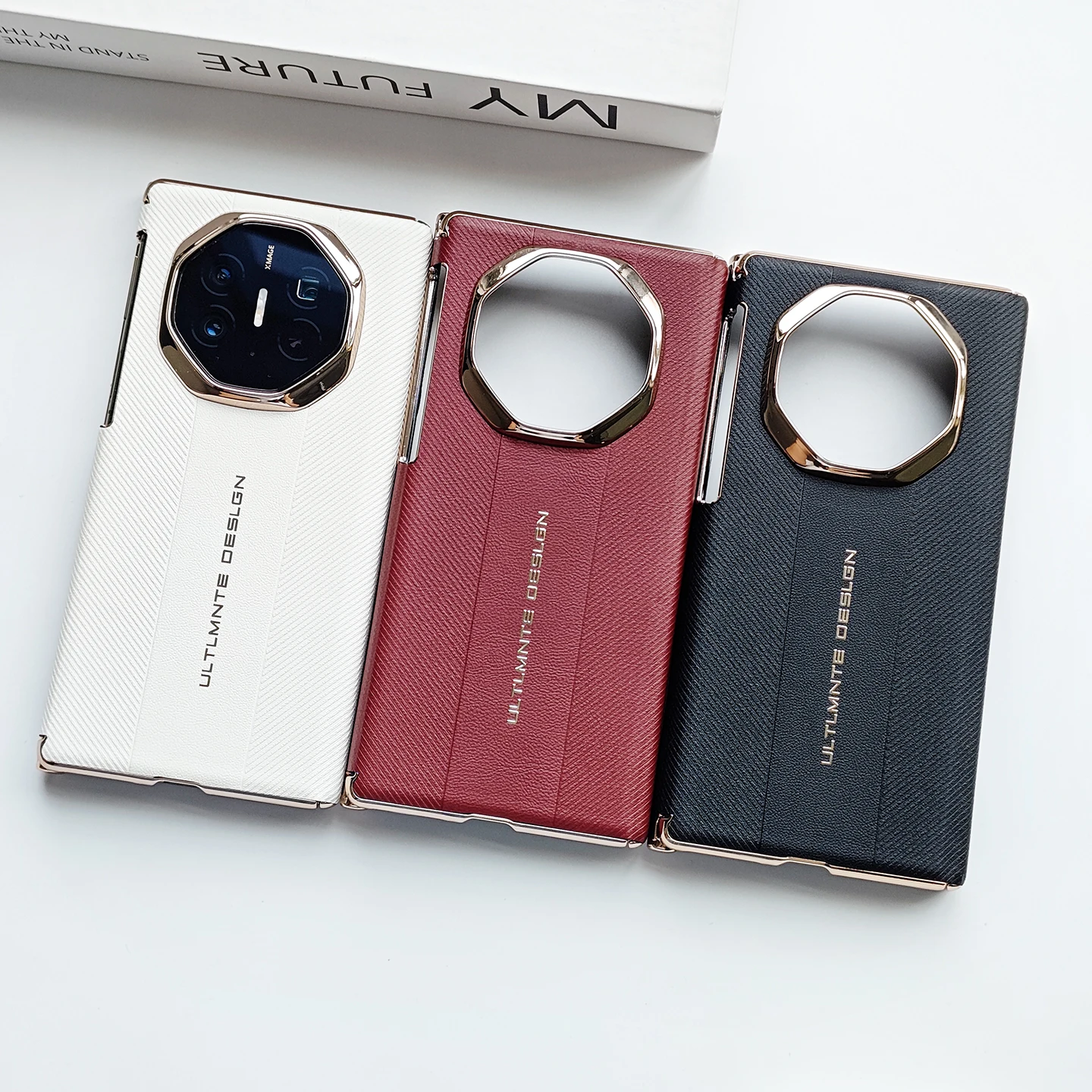 Luxurious Leather Electroplated Gold Frame Dual Hinge Case with Camera Protection Cover
