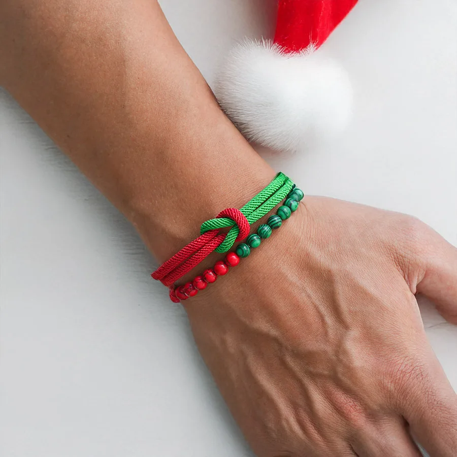 Green Red Howlite Beaded Christmas Bracelet Set For Men