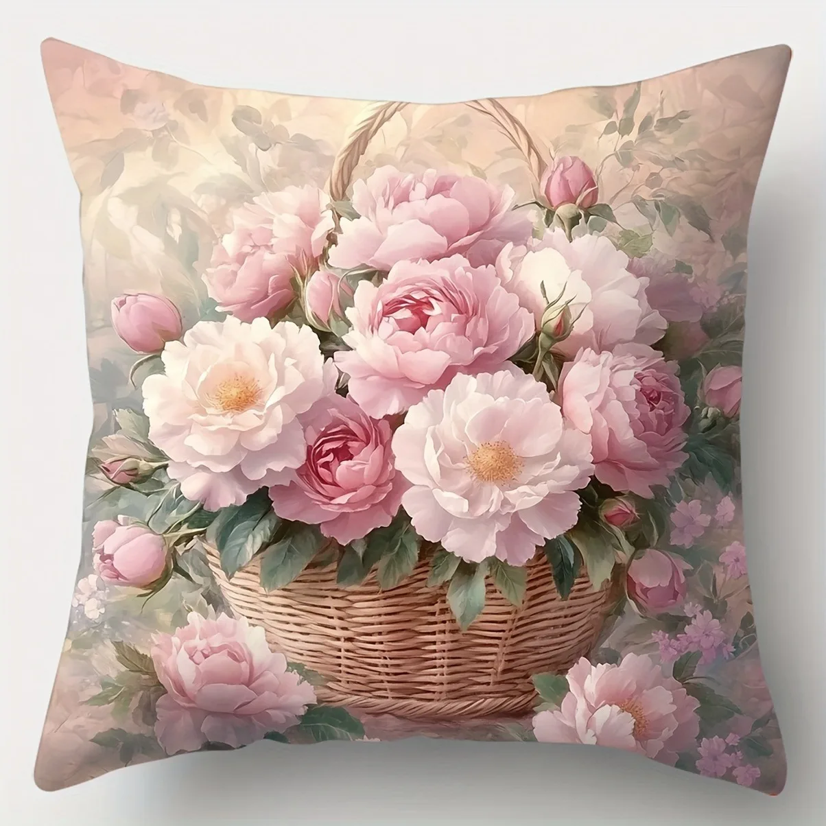 Pillow cover showing a basket of pink and pale blossoms