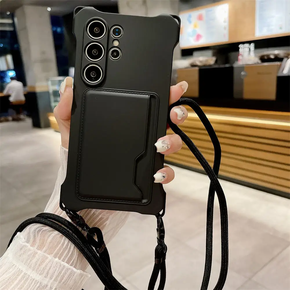 Soft Silicone Phone Case with Card Holder and Lanyard - Shockproof Protection Cover