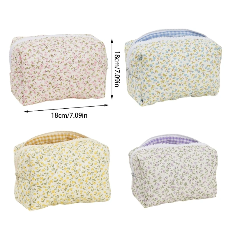 Fashionable Large Cosmetic Pouches Quilted Floral Cotton Toiletry Bag With Zippered Closure Travel Makeup Storage Case
