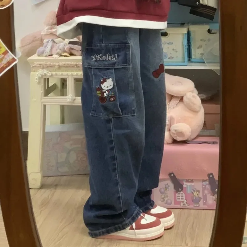 

Sanrio Hello Kitty Y2k Denim Clothes Women Jeans Fashion Wide Leg Pants Streetwear Vintage Trousers Female Anime Straight Jeans