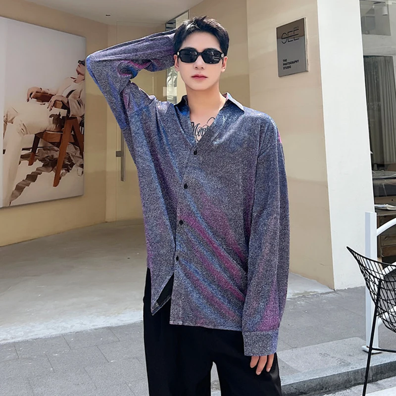 

SYUHGFA Elgance Men's Shirts Fashion Sequin Niche Design Long Sleeve Casual Gradient Top Trend Sexy Designer Personality Top
