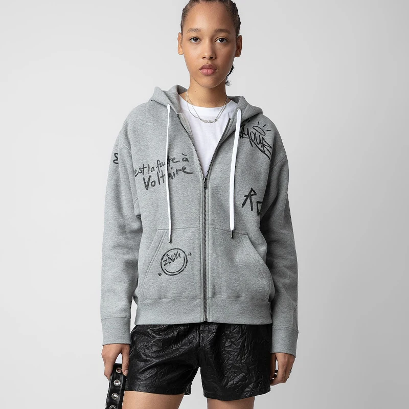 

Zadig Grey Hoodie Women Autumn Winter Casual Jacket Female Cardigan Chic Alphabetical Graffiti Winter Sweatshirt Jacket Tops