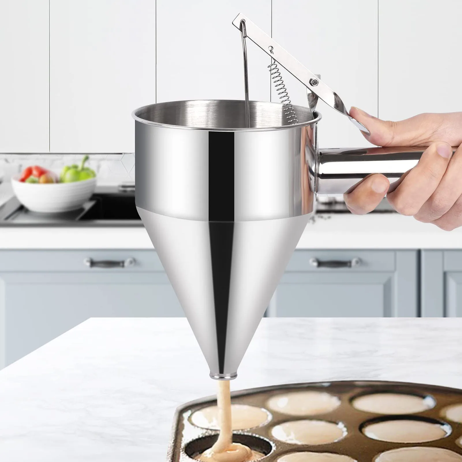 Batter Dispenser Stainless Steel Pancake Batter Dispenser with 18mm 4PCS Silicone Mouth for Pancakes Cupcakes Bakeware