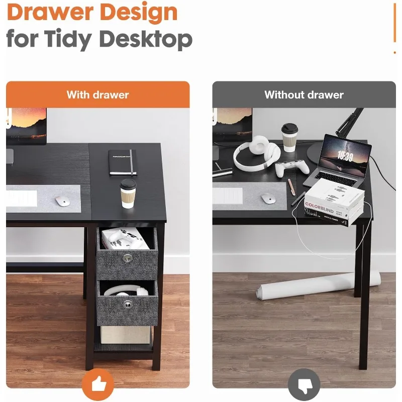 Small Computer Desk, 40X24 Inch Office Writing Work Study Gaming PC Table with 2-Tier Drawers Storage Shelf 6