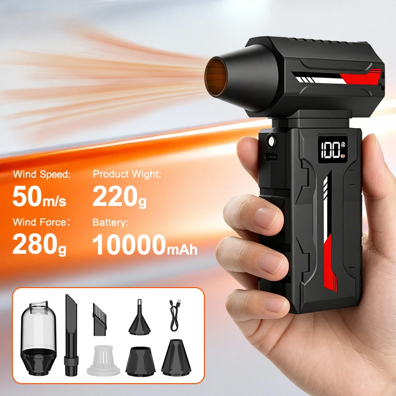 HPX-11 Mini Turbo Jet Fan 150W Power 50m/s Wind Speed 5 Adjustable Gears 10000mAh Battery Air Blower with 4 Nozzles & LED light