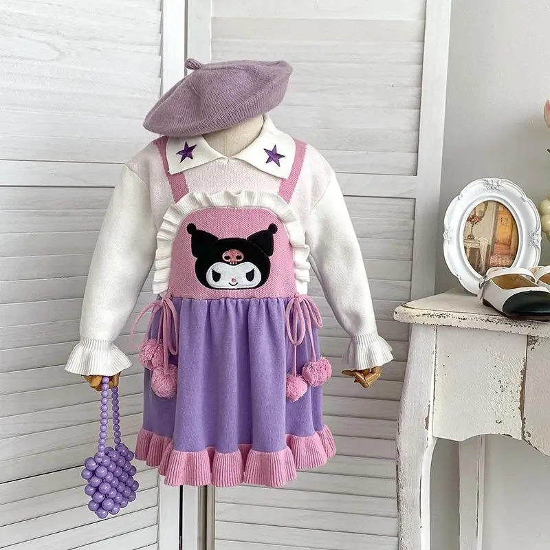

Новинка кавайные детские юбки Sanrios Kuromi Мультяшные аниме хлопковые Теплые Мягкие плотные Плюшевые Вязаные платья для девочек милые подарки на день рождения