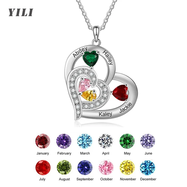 Collier personnalisé avec nom et pierres de naissance, collier de promesse personnalisé, pendentif cœur avec noms gravés, cadeaux de bijoux de Noël