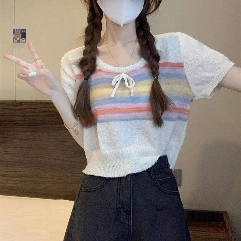 

Summer Thin Sweater Women Rainbow Striped Cropped Top Pullover French Retro O-neck Short Sleeve Knitwear Tops