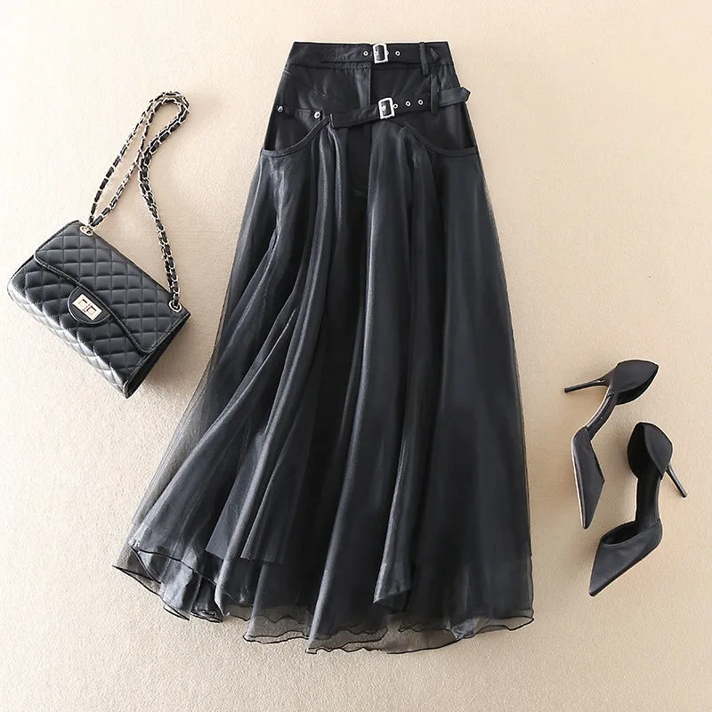 Y2k Skirts Women Clothing Patchwork Gauze A-line Saia High Waist Fashion Jupe Contrast Color Casual Skirt Faldas Mujer De Moda