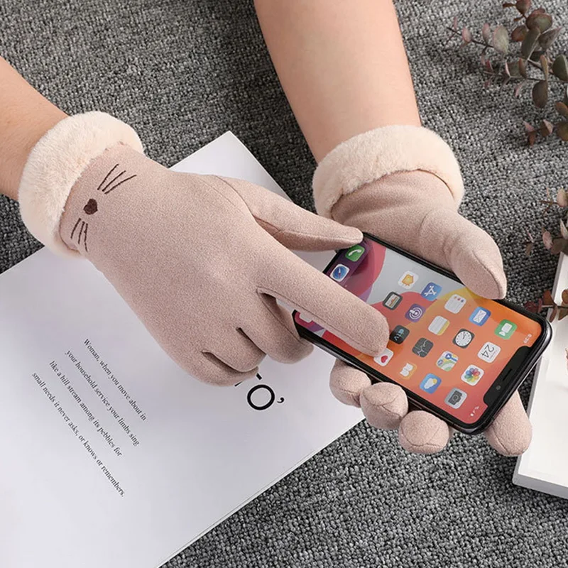 Winter Female Winter Lace Warm Cashmere Cute Cat Mittens Suede Thicken Plush Full Finger Wrist Touch Screen Driving Gloves warm gloves lace gloves cat gloves
