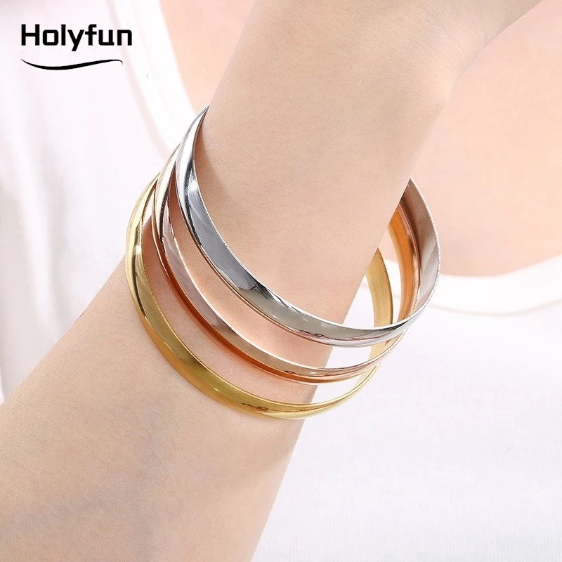 Holyfun 60mm Waterproof 316L Stainless Steel Round Smooth Bracelet Bangle Women Minimalist 18k Gold Color Texture Charm Jewelry 6