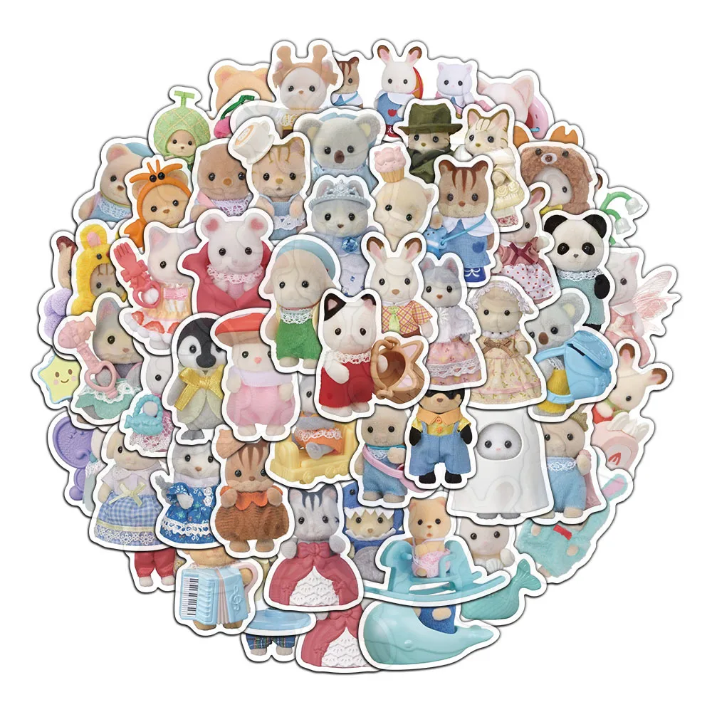 55 Stück Calico Critters Family Cartoon Niedliches Handheld-Notizbuch Skateboarding Gepäck Dekorative Aufkleber