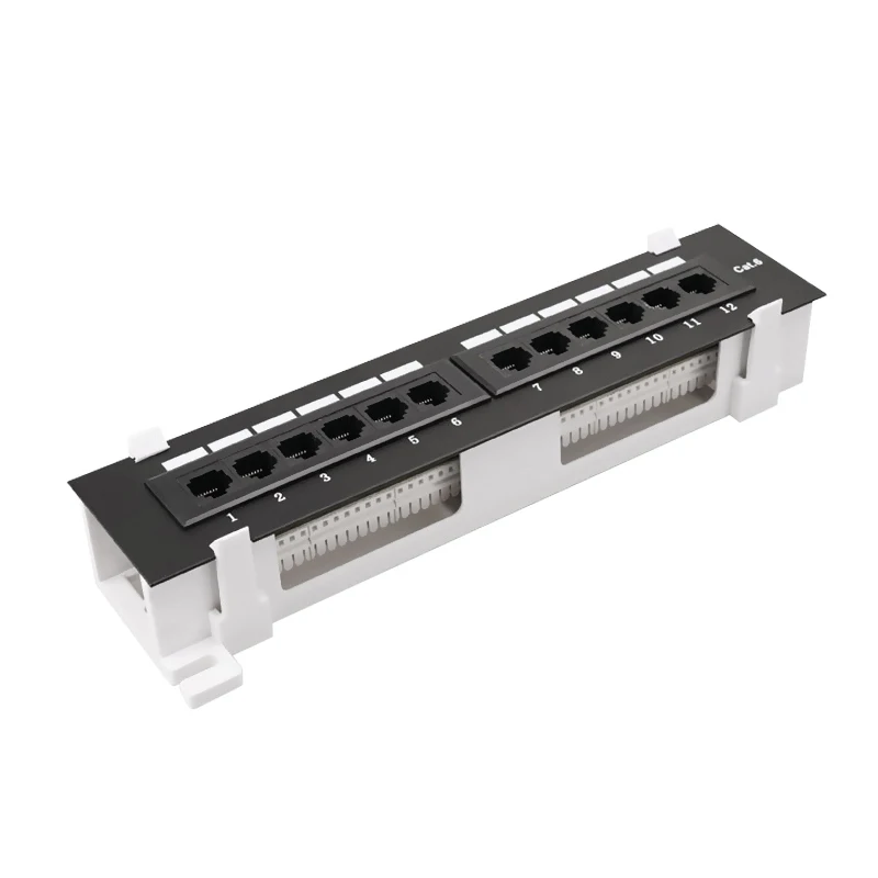 12-Port wiring  Cat6 UTP Mini Patch Panel with Wallmount Bracket Included Black Unshielded Network Adapter Cable Connector RJ45