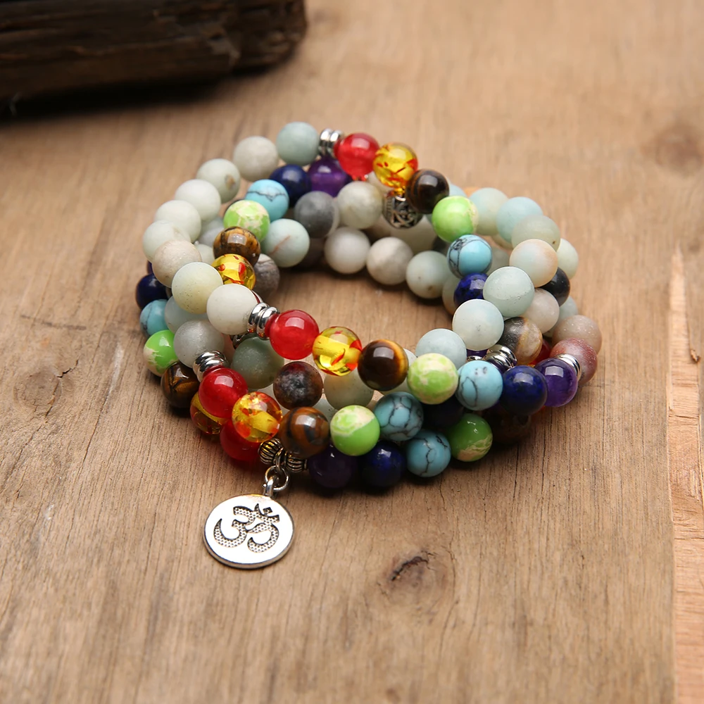 

OAIITE 8mm 7chakra Amazon Volcanic Rocks Natural Blue Turquoise Agate Multi-loop winding Bracelet Meditation Bracelet Men Woman