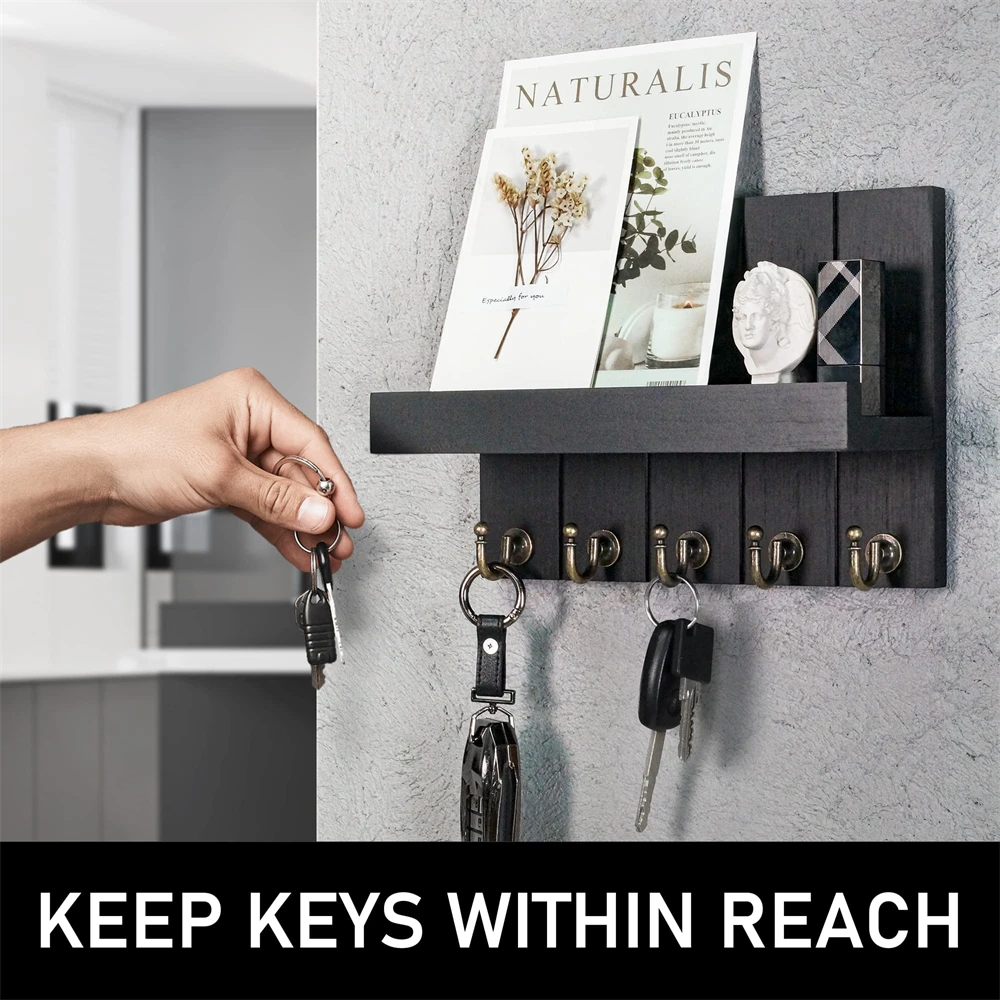 Wall Mounted Mail Holder Wooden Key Holder Rack Mail Organizer with 5Key Hooks  Rustic Home Decor for Entryway or Mudroom 3