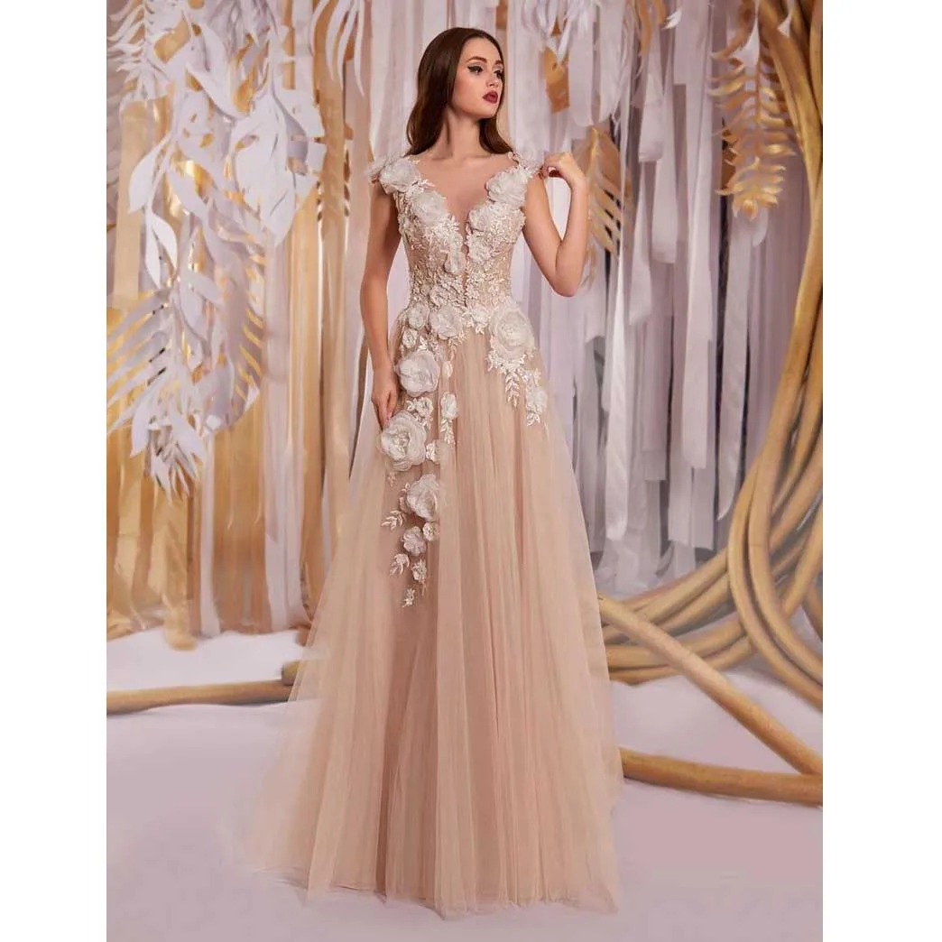 

Champagne Flower Prom Dress Tulle V-Neck Appliques Sleeveless Birthday Elegant Graduation Gowns Homecoming Vestidos Girls