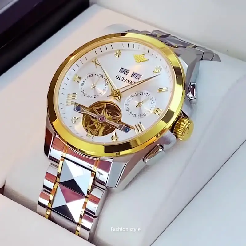 OUPINKE Orologio Uomo Automatico Meccanico Scheletro - Lusso Con Cristallo Zaffiro E Cinturino In Tungsteno, Impermeabile