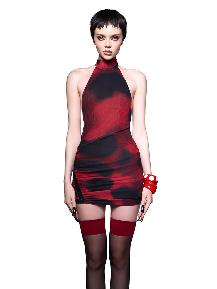 Nibber Backless Sexy Dress Women Halter Lace-Up Patchwork Concealed Metal Buckle Summer Fashion Midnight Sleeveless Mini Bodycon