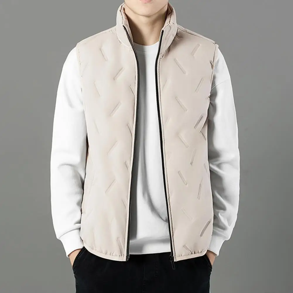 

Men Waistcoat Stand-up Collar Vest Winter Men's Solid Color Warm Waistcoat with Stand Collar Design Rectangular Embossed Pockets