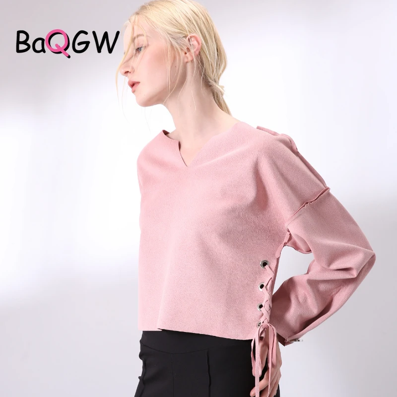 

BaQGW Spring Autumn Women Suede Hoodies Batwing Sleeve V-Neck Lace-up Loose Pullovers Solid Color Trendy Clothes Sweatshirt 2022