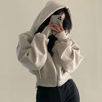 Korean Hood Shirt Women Fashion Fleece Lined Loose Hoodies Zipper Long Sleeve Crop Tops Harajuku Female Jackets Coats Sweatshirt