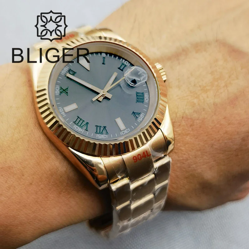 

BLIGER 36mm 39mm NH35A Gray Dial Green Roman Index Automatic Mens Watch Sapphire Glass Rose Gold Fluted Bezel Steel Strap Date