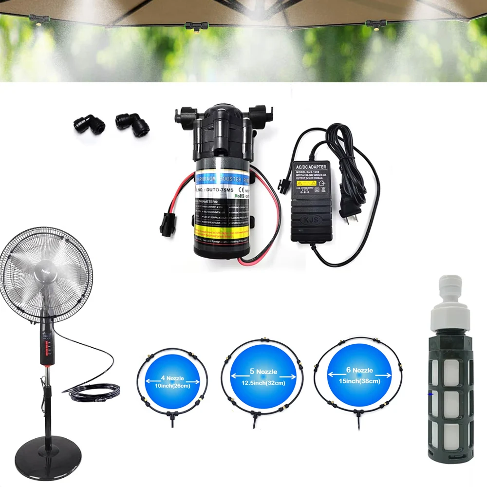 4/5/6 Düsen Nebelventilator-Ring-Kits mit leiser 24-V-DC-Pumpe zur Sprühstaubentfernung, Zerstäubung, Befeuchtung, Nebel-Kühlsystem