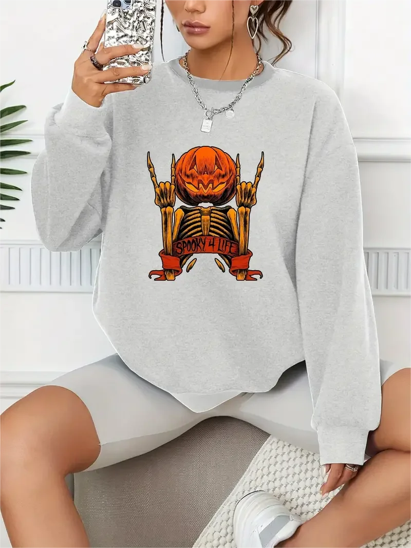Halloween Pumpkins Skeleton Print Pullover Casual Loose Fashion Long-Sleeved Sweatshirt Solid Color Women's Clothing
