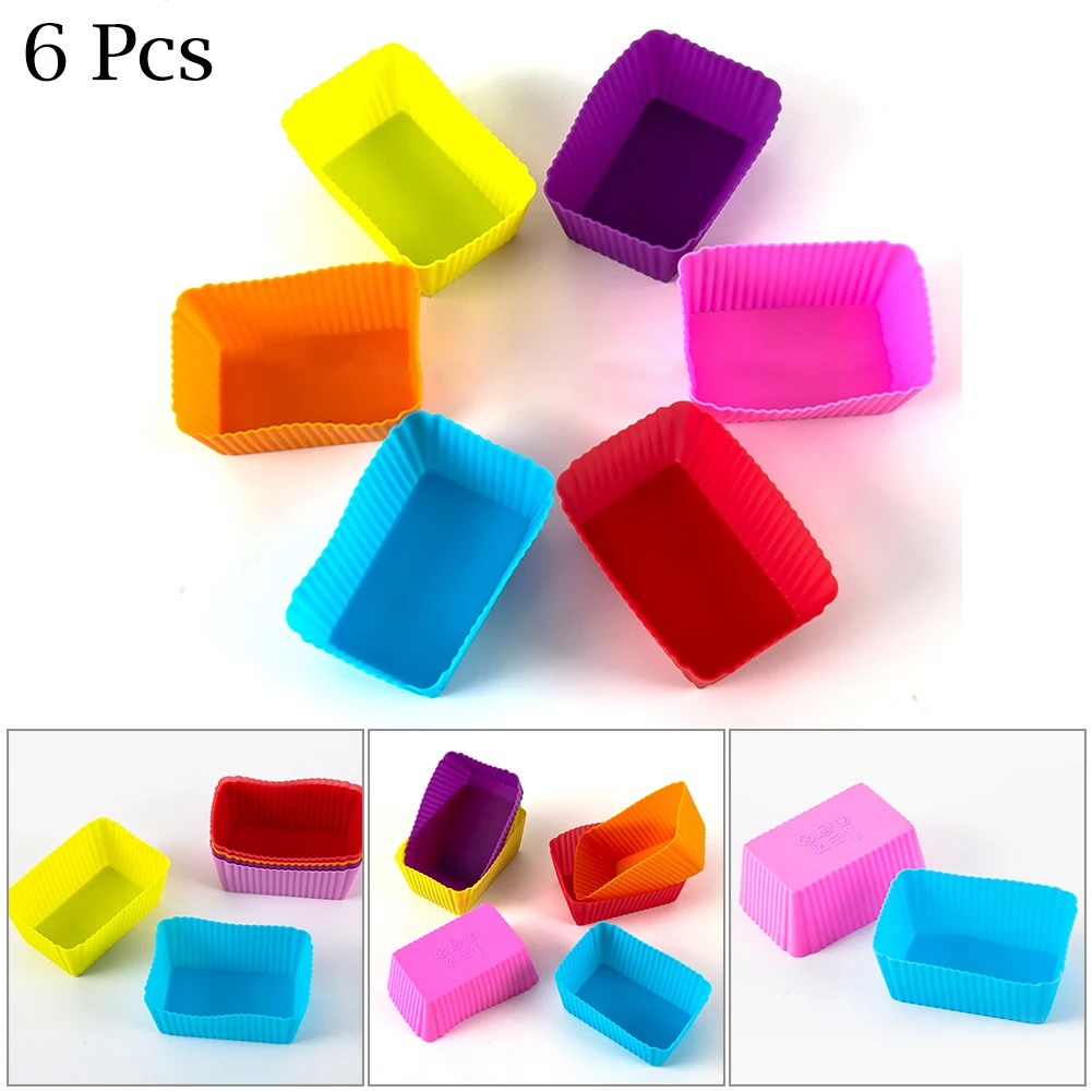 

6PCS Silicone Rectangle Cake Mould Soft Muffin Cupcake Liner Bake Cup Mold Washable For Oven Microwave For Household Baking