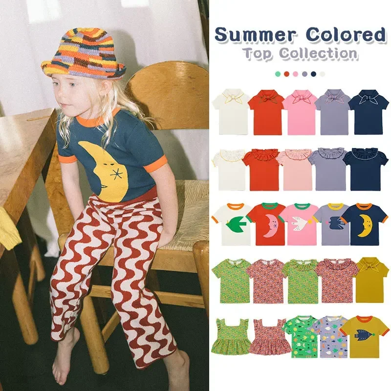 

Spot! Children's T-shirt 2024 summer Misha and Puff pastoral girl tied and led the edge bow girl short-sleeved shirt