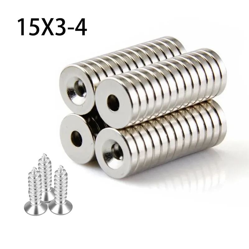 

20/60/100Pcs 15x3 Hole 4mm N35 NdFeB Countersunk Round Magnet Super Powerful Strong Permanent Magnetic imane Disc With M4 screws