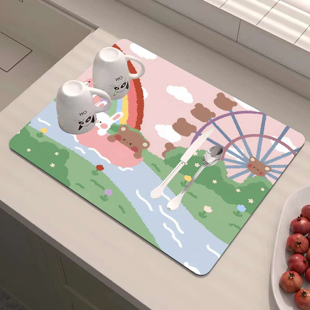 Cartoon rabbit illustration Printed Dish Drying Mat Super Absorbent Coffee Drain Pad Tableware Quick Dry Rug 4